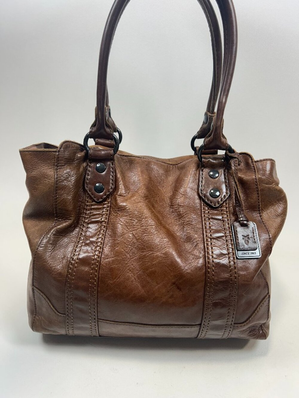 FRYE MELISSA Cognac Pull-Up Leather Tote Carryall Shoulder Bag Padded Pocket